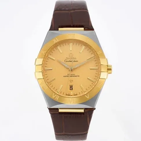 TW factory Omegatop-tier watch Constellation series men's gold plate brown band watch front view