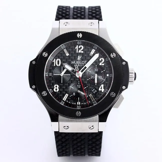top-tier watch Hublot BIG BANG black ring silver case watch front view