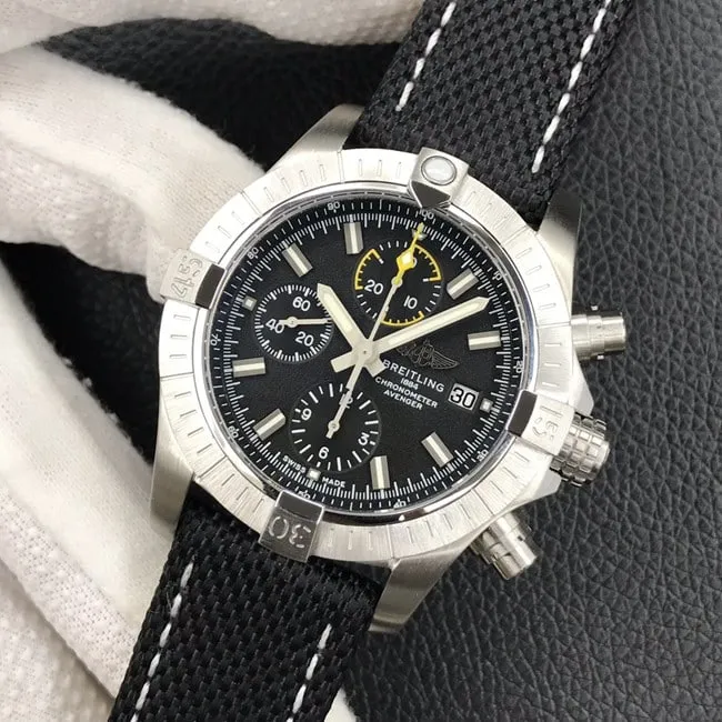 top-tier Breitling Avengers series automatic movement 43mm men's black dial nylon strap watch front view