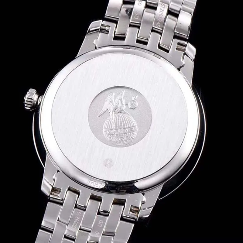 Omegasuper watch disc flying business series men's mechanical ultra-thin watch white steel rose gold scale front view
