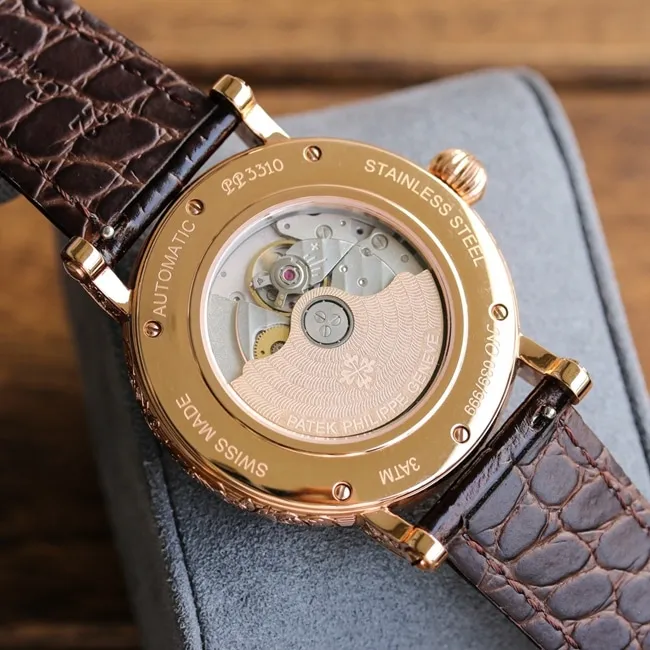 top-tier replicaPatek Philippesuper watch men's white dial brown belt new 42mm mechanical leather strap pure hand carved watch clasp picture