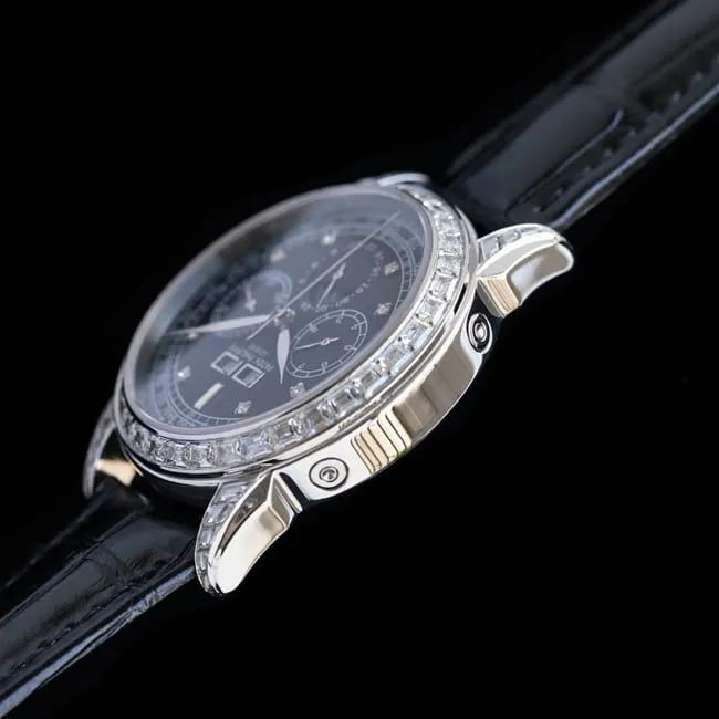 PFF factory top-tier watch Patek Philippe men's black dial black belt super complex function chronograph series leather strap watch side view