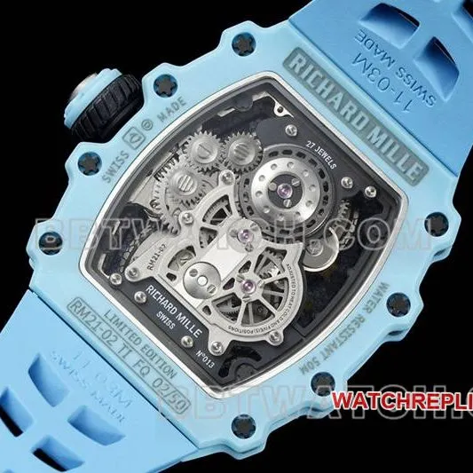Richard Mille top-tier watch hollow plate tourbillon mechanical blue rubber model RM 21-02front live photo