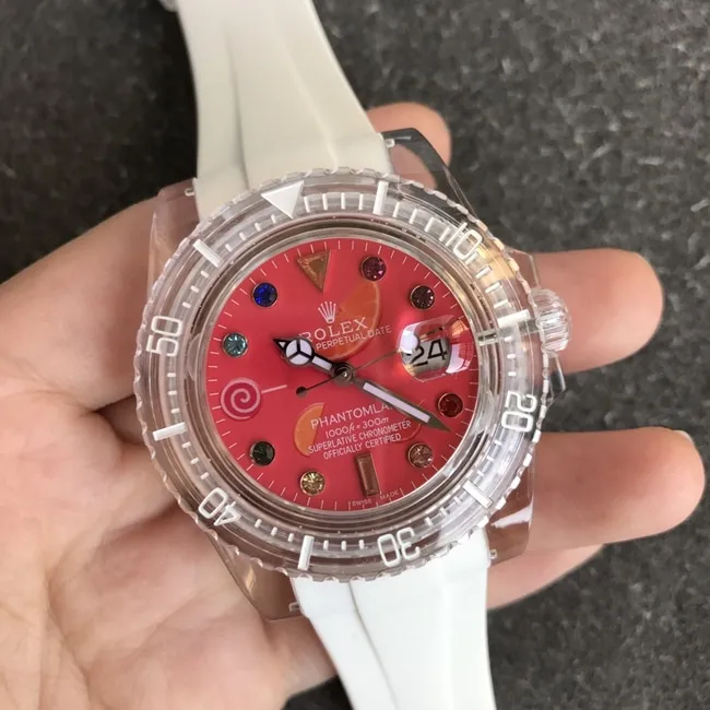 top-tier replicaRolex men's red plate rubber strap2021 new crystal series mechanical watch front view