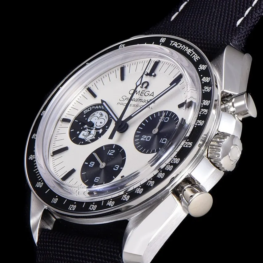 Omega top watch men's white dial nylon strap Snoopy series watch buckle diagram