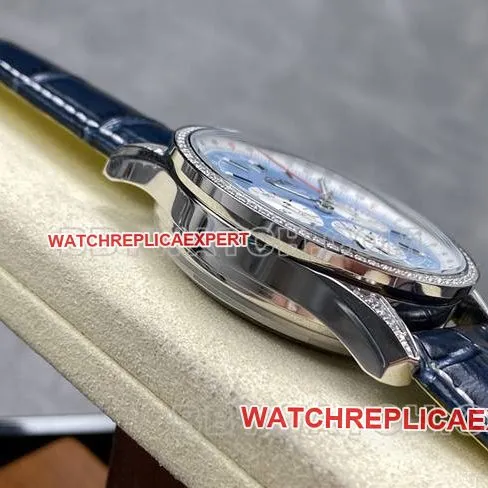 watch BLS factory Breitling aviation chronograph diamond light blue dialleather strap model braceletlive photos