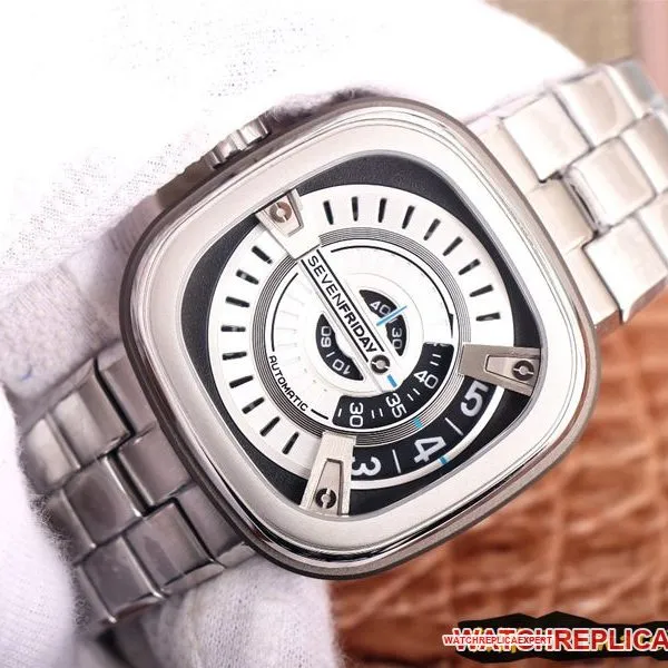watch seven day display five SEVENFRIDAY/automatic movementmen's watch Swiss steel bracelet large dial white side view