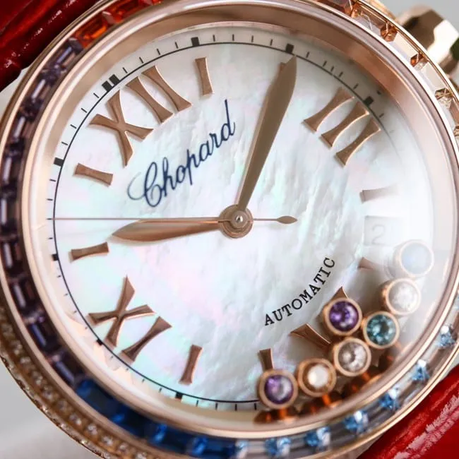 top-tier replicaChopardsuper clonechopard Happy Sport series ladies pink plate pink belt automatic movementleather strap watch clasp top view