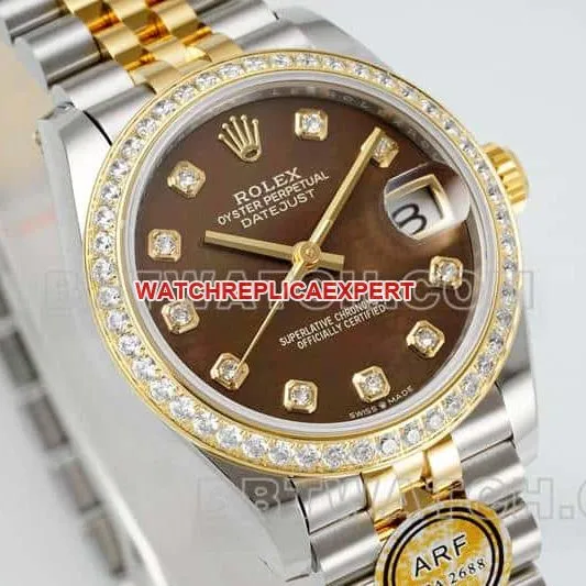 ARF FactoryRolex log top-tier 1:1super black mother-of-pearl disc diamond bezel31mm gold five-lattice chain link278383front live photo