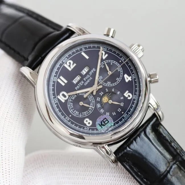 top-tier watch Patek Philippe super complex function chronograph series white steel white bottom men's mechanical watch clasp picture