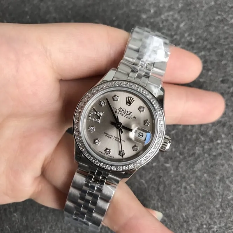 High-quality Rolex Datejust watch, women's 28mm, mechanical bezel, diamond hour markers, grey dial, front view