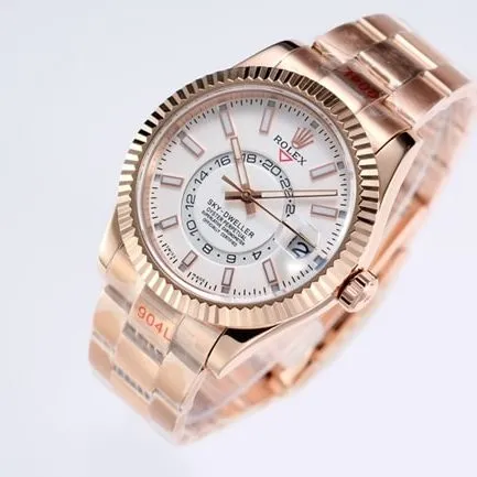 Top Rolex men's watch, white dial, rose gold, with the Explorer II series mechanical watch, front view.