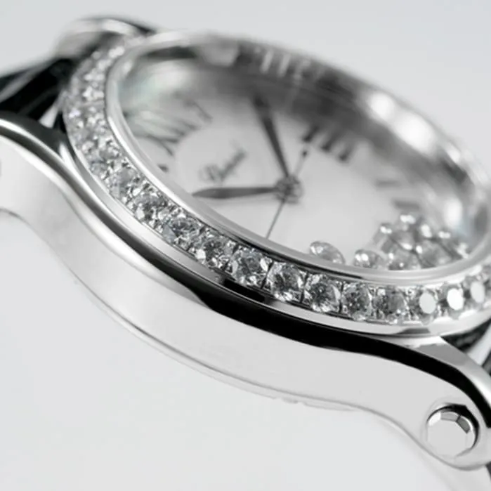 Top-tier watch Chopard women's white dial black belt Happy Diamonds series watch movement picture