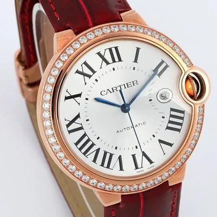 V6 factory top-tier watch Cartier men's white dial red band blue balloon series automatic movementleather strap watch front view