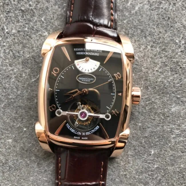Parmigiani Fleurier watch tourbillontop-tier men's square watch rose goldblack dial front view