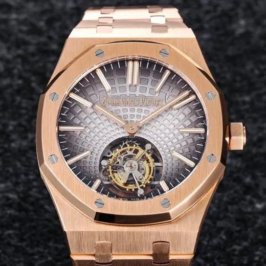 The top-tiersuper cloneR8 factory recently released the new 2022 Audemars Piguetrose gold gray dial Royal Oak self-winding tourbillon watch front view