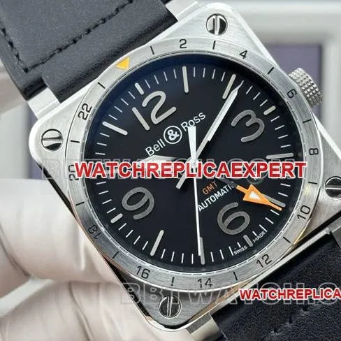 collectible watch Bell & Ross black dial 42mm dual time zone leather strap model front live photo