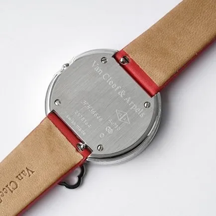 top-tier Van Cleef & Arpels women's white dial red band Charms Gold watch quartzleather strap watch side view
