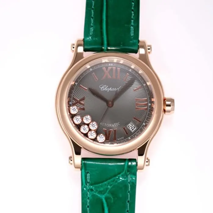 collectible Chopard women's watch, black dial, green strap, HAPPY DIAMONDS series, mechanical leather strap wristwatch, movement picture
