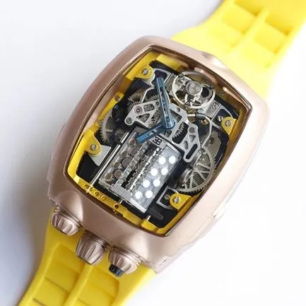 Bugatti Veyron top-tier watch men's black dial mechanical yellow rubber strap men's watch side view