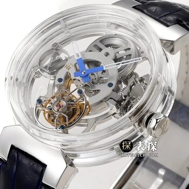 RM men's Louis Vuitton watch transparent case hollow plate tourbillon dark blue color leather strap caseback live photo