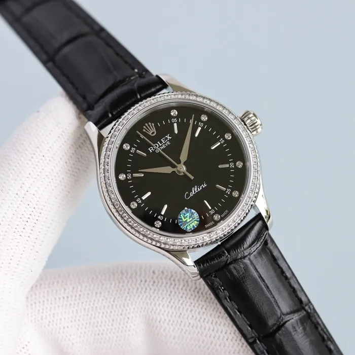 Top Rolex women's Cellini series black dial leather strap watch buckle photos