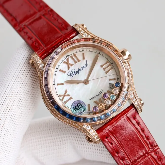 top-tier replicaChopardsuper clonechopard Happy Sport series ladies pink plate pink belt automatic movementleather strap watch front view