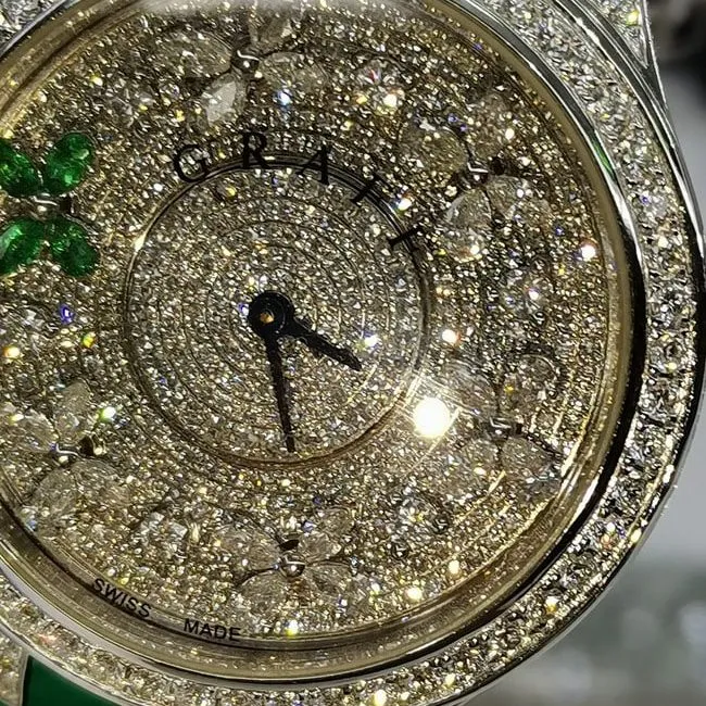 Top watch, Graff women's watch, white dial, green strap, full of stars series, quartz, real gold, real diamonds, leather strap watch, case back photo