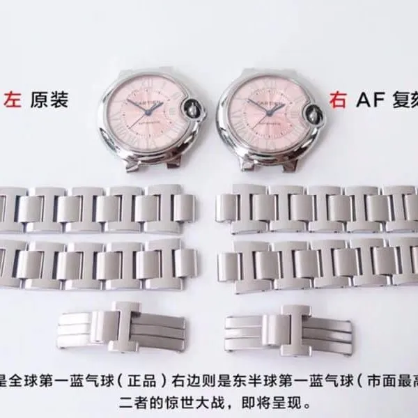 AFCartier blue balloon 33 diameter pink W6920100 replicaladies' watch genuine and fake comparison review front view