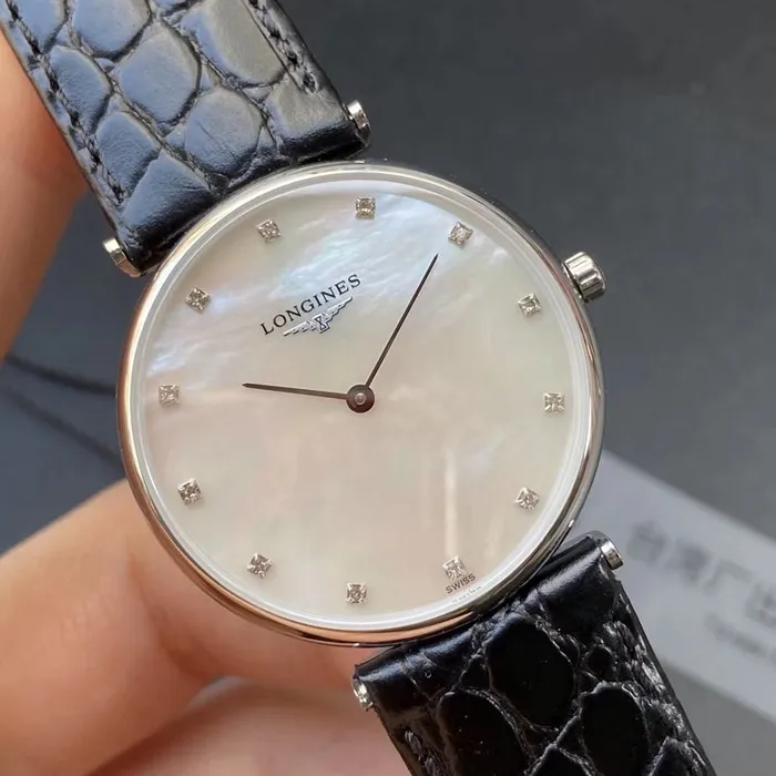top-tier watch Longines couple watch white dial black belt Jialan series quartzleather strap watch front view