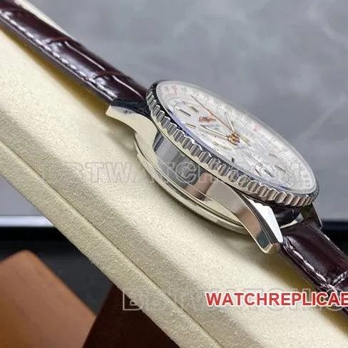 1:1replica watch BLS factory aviation chronographBreitling silver white dial brown leather strap model front live photo