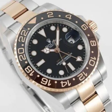 GS factory top-tier watch RolexGMT-Master root beer ring rose gold black bottom men's watch front view