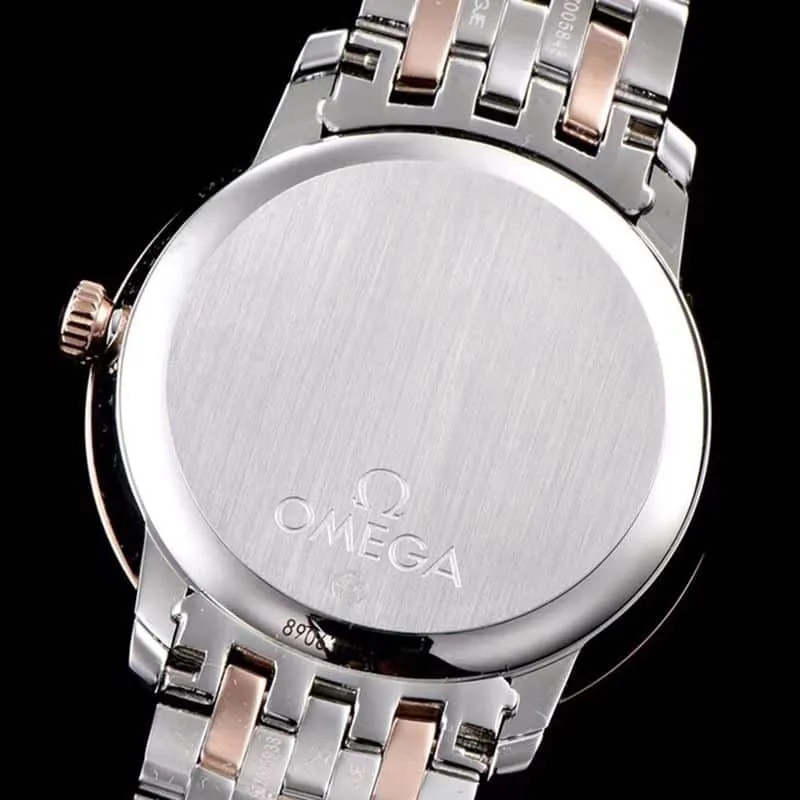 Omega watch disc flying business series men's mechanical ultra-thin watch rose goldsteel bracelet white face front view