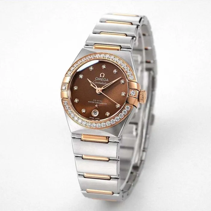 top-tier watch Omega women's brown plate constellation series steel bracelet watch movement picture