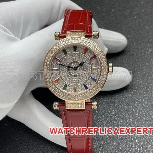 Frank Muller collectible watch quartzABF factory diamond plate gold diamond bezel red leather braceletside live photo