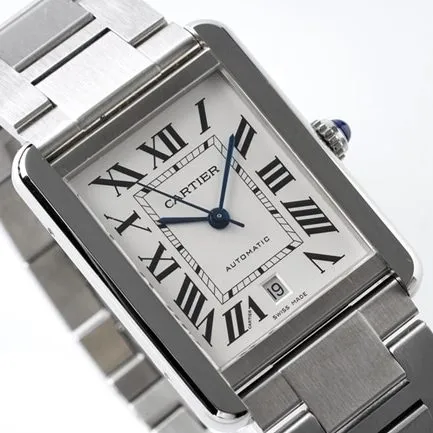 AF Factorytop-tier replicaCartier men's white dialsteel bracelet tank series W5200028 mechanical watch front view
