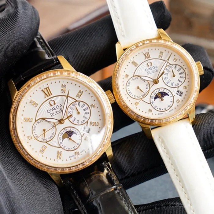 Omega complex function chronograph series perpetual calendar couple watch front view