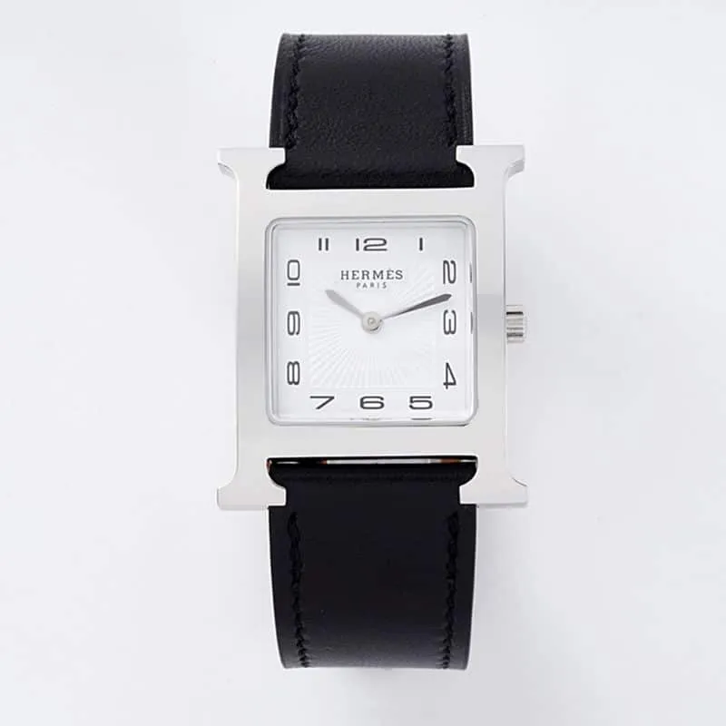 Hermès top-tiersuper cloneladies' watchHeureH series ladies quartz square fashion watch black leather white dial front view