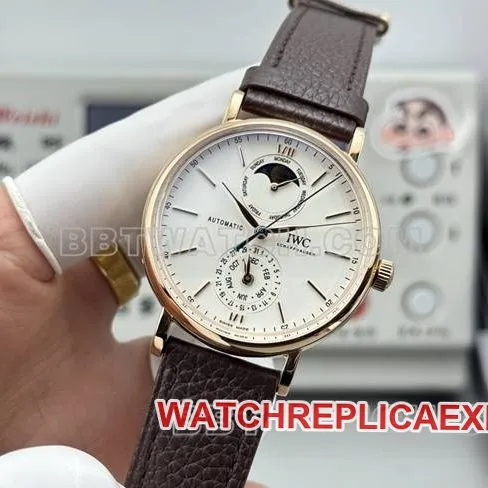 collectible watch Portofino GR factory IWCrose goldwhite dial brown leather strap model front live photo