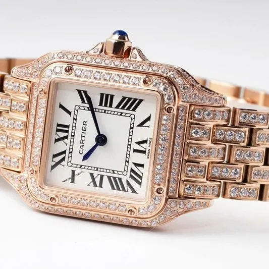 Cartiertop-tiersuper watch cheetah full diamond series ladies steel bracelet mechanical rose gold watch front view