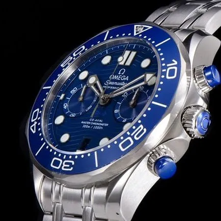 OM Factorytop-tier watch Omega men's 44mm Seamaster 300m blue dialsteel braceletchronograph watch front view