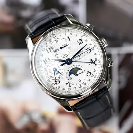 KL factory top-tier watch Longines men's white dial black belt famous craftsman moon phase series automatic movementleather strap watch front view