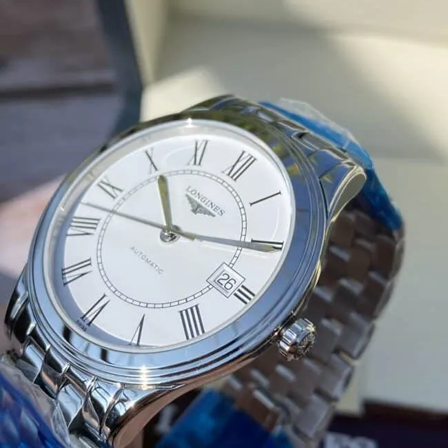 Longines Master Collection Swiss Engraved Movement Centennial Classic White Steel Couple's Watch Front View
