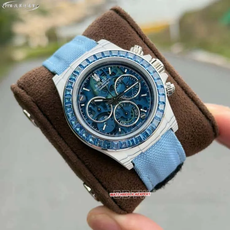 PPMRolexDaytona1:1super blue hollow dialdiamond bezelleather strap caseback live photo