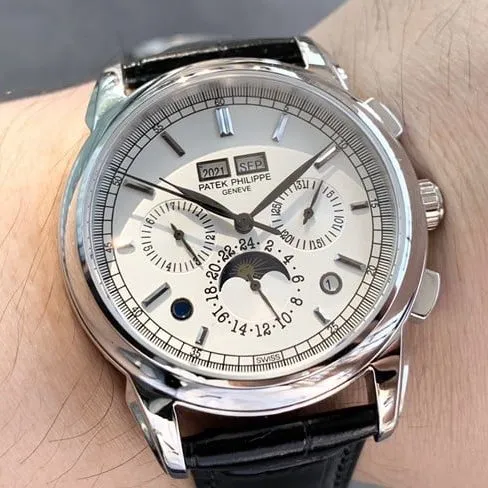 top-tier watch Patek Philippe men's white dial black belt super complex function chronograph series leather strap watch movement picture