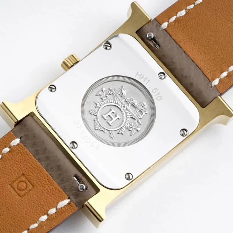 top-tiersuper cloneHermès ladies' watchHeureH series quartz square fashion watch brown braceletrose gold plate front view