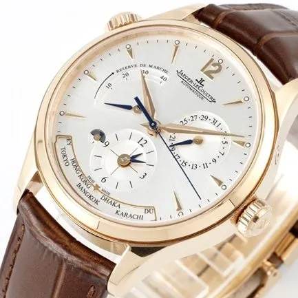 ZF Factorytop-tier replicaJaeger-LeCoultrehigh-quality watch men's white dial brown belt Geographer Q1428421 series mechanical leather strap watch detail shots