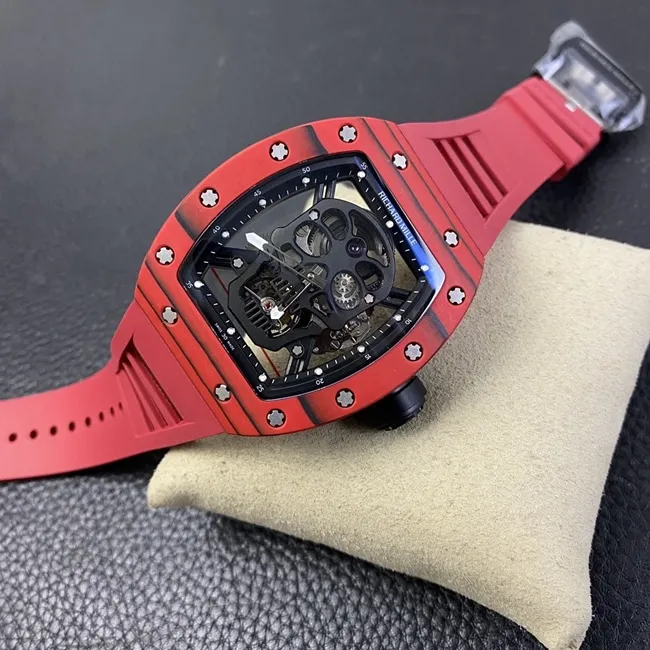 JB factory Richard Milletop-tier watch RM52-01 real tourbillon men's black dial red rubber strap skull mechanical watch side view