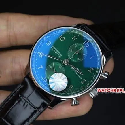 YL factory top-tier watch IWC green Portuguese watch 150th anniversary commemorative model men's green dial black belt full automatic movement see-through bottom leather strap watch front view