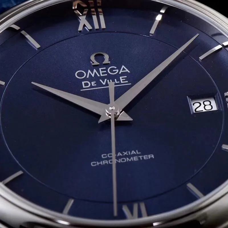 Omegasuper watch disc flying business series men's mechanical ultra-thin watch blue leather blue face front view